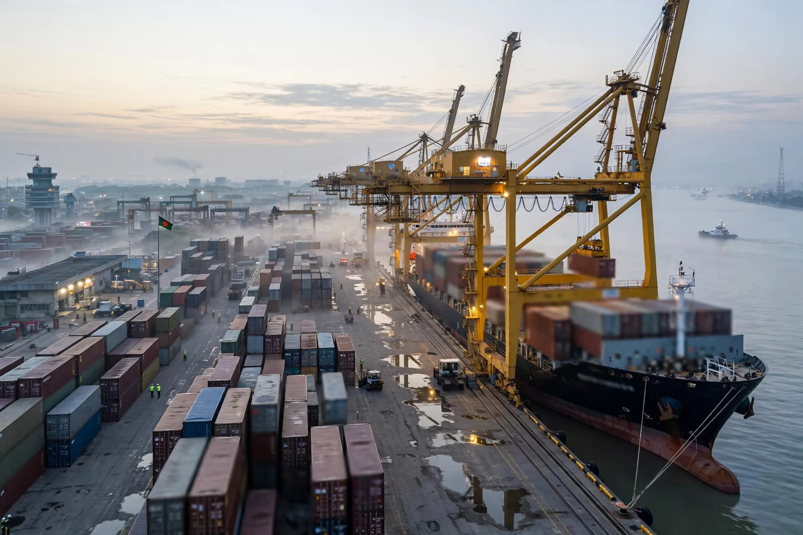 A container vessel at Chattogram port at dawn