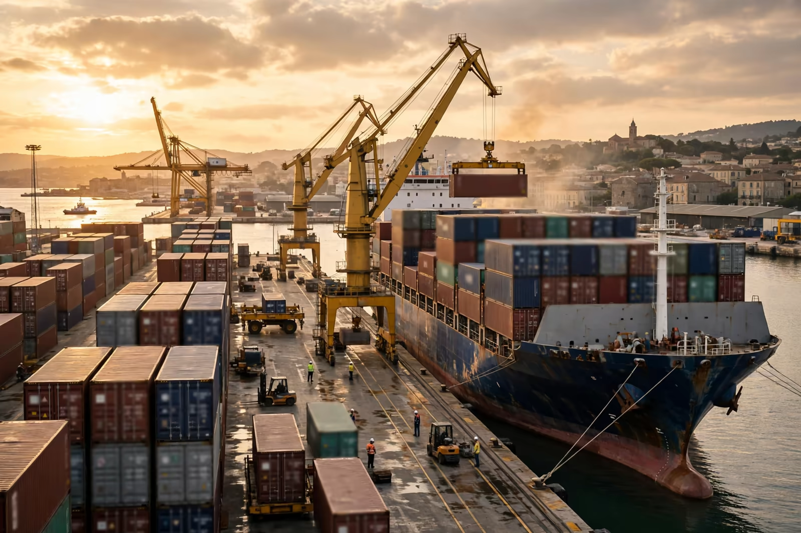 A container ship unloading at a European port at golden hour