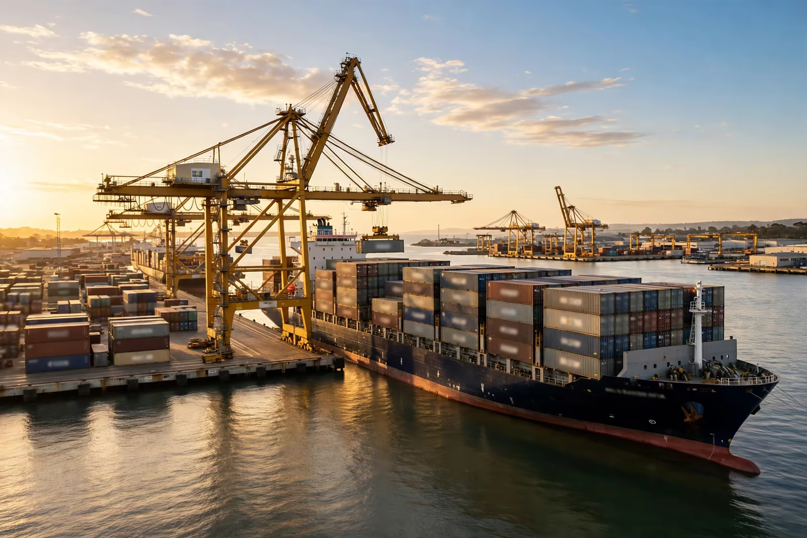 A container ship loading for the Europe route at port