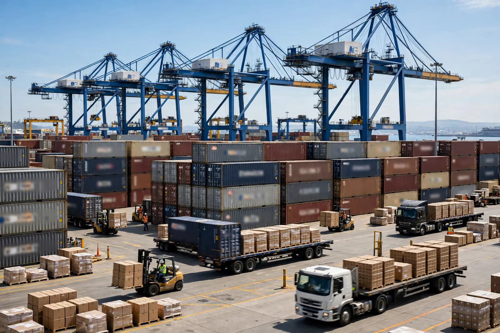 Containers and trucks at a port terminal handling apparel imports