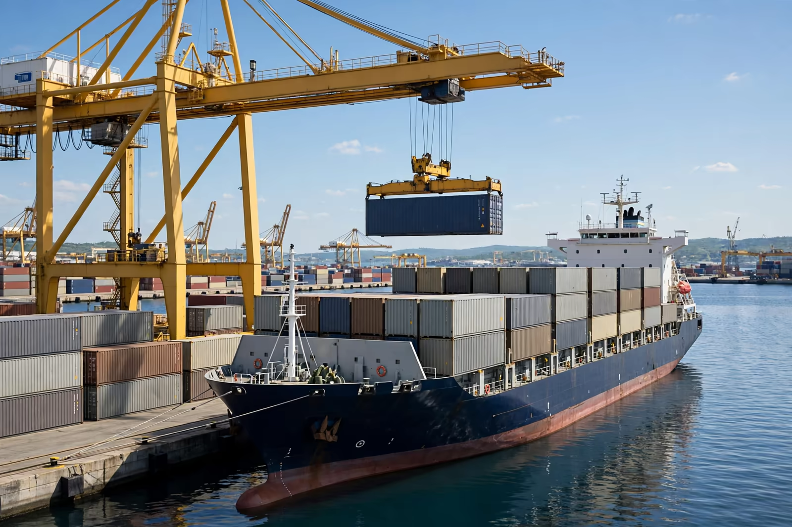 A crane lifting a container over a vessel during loading at a port, produced by a clothing manufacturer in Bangladesh