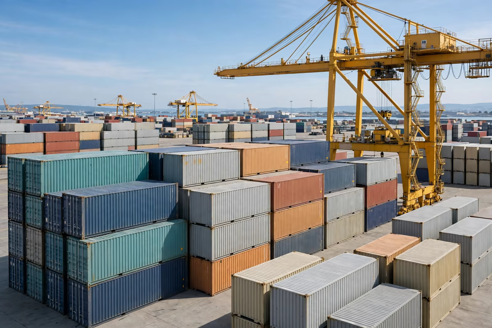 Shipping containers stacked under a gantry crane at a port terminal, produced by a clothing manufacturer in Bangladesh