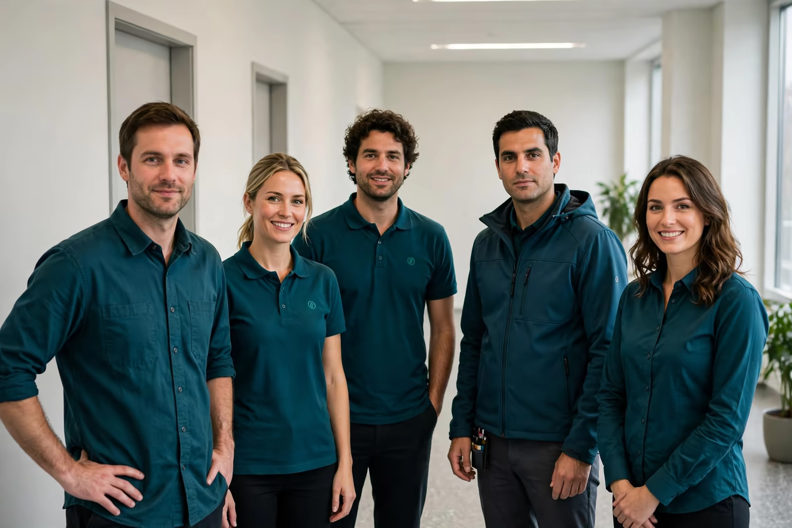 A mixed-role corporate uniform team in matching colours standing together, produced by a clothing manufacturer in Bangladesh