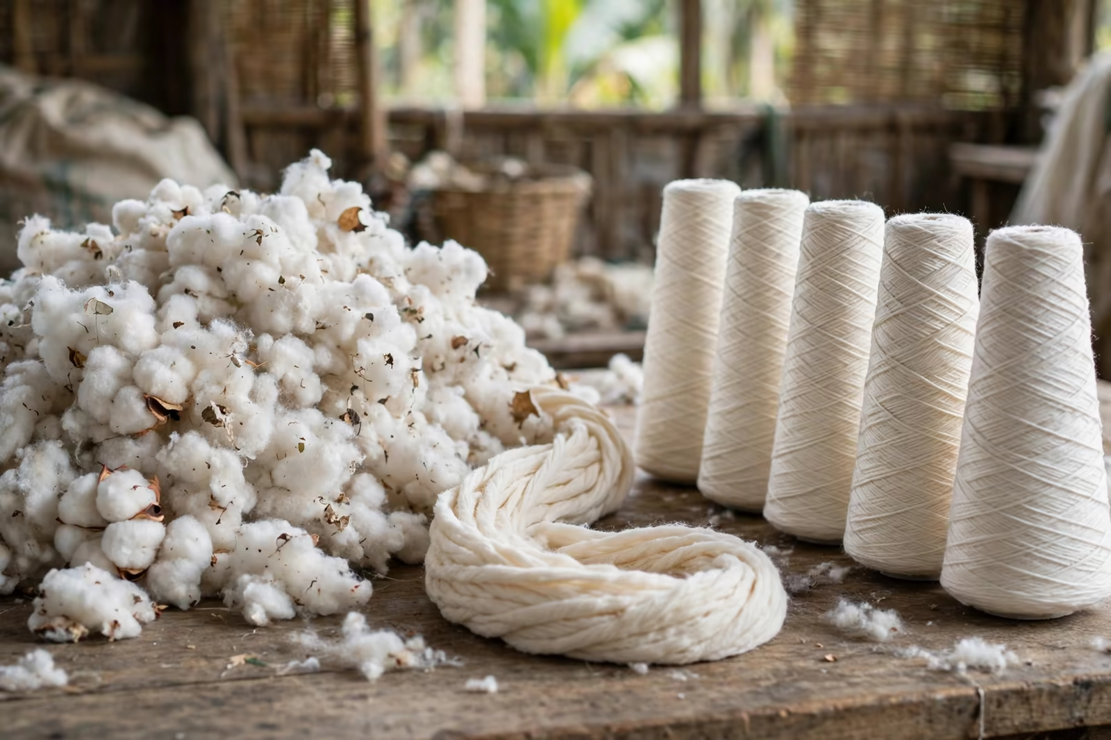 Raw cotton fibre carded sliver and spun yarn cones