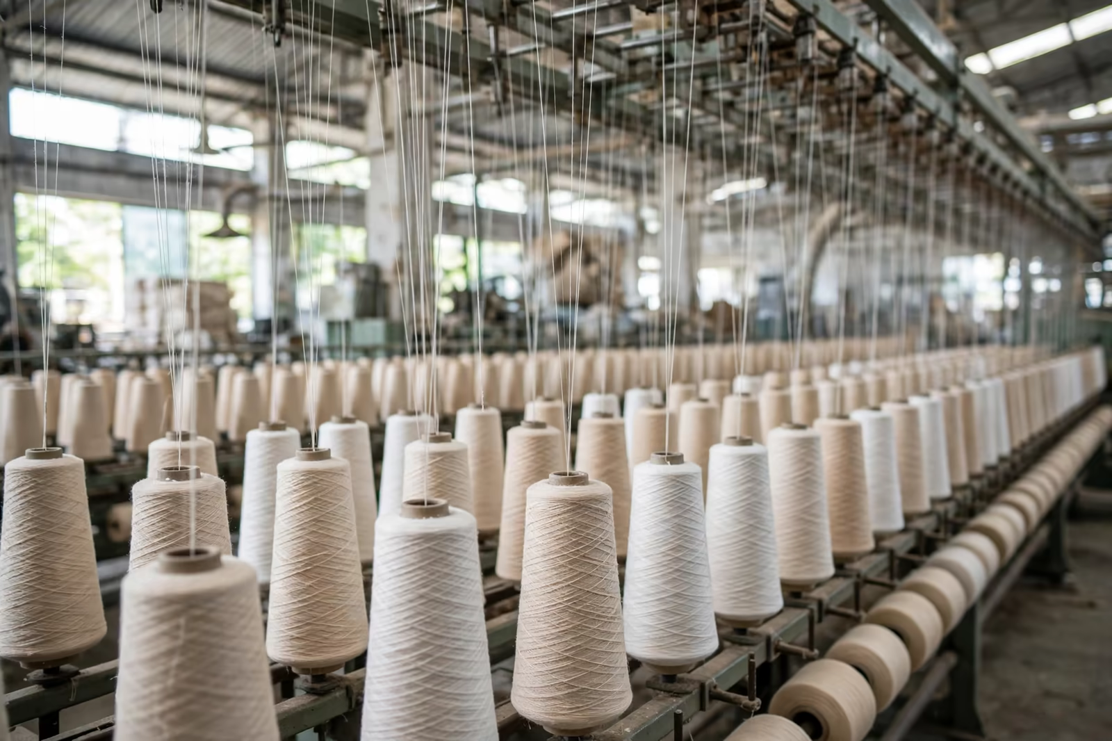 Cotton yarn cones at a spinning mill