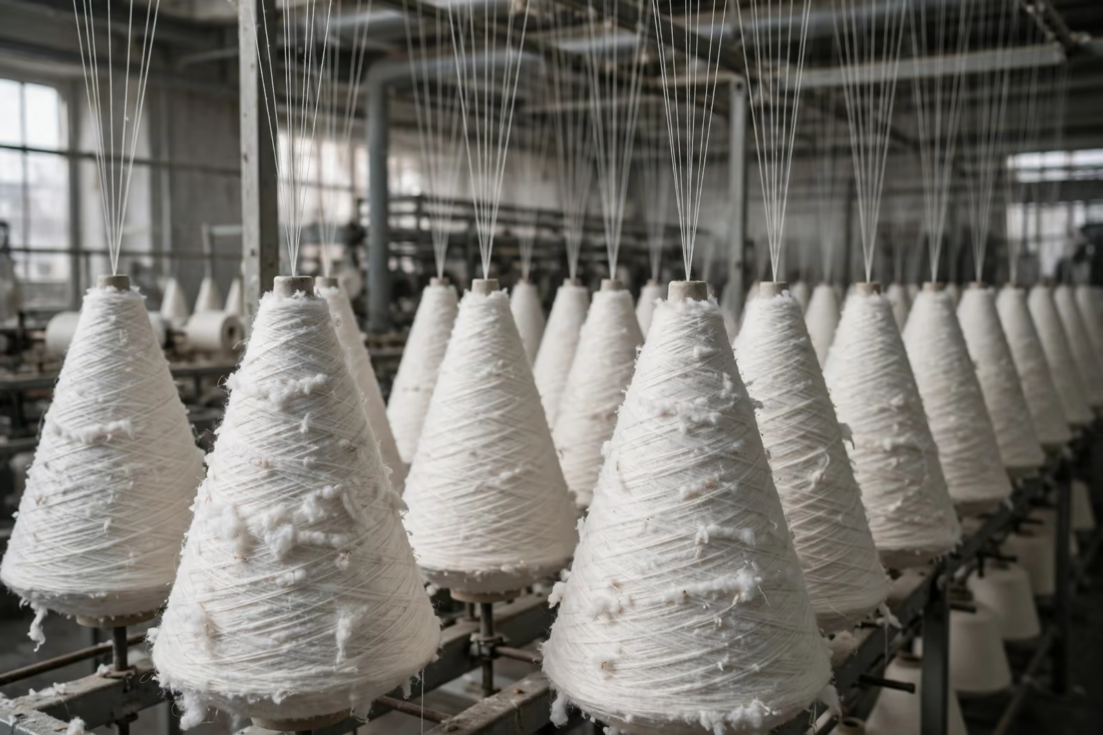 Cotton yarn cones feeding a knitting programme for t-shirt production
