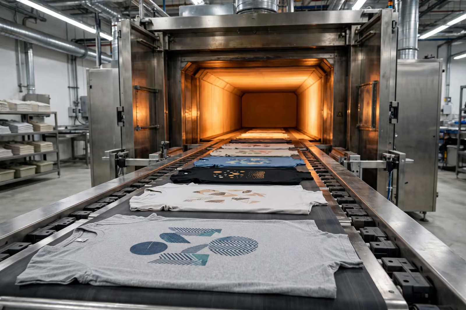 Printed t-shirts entering a curing dryer in Bangladesh