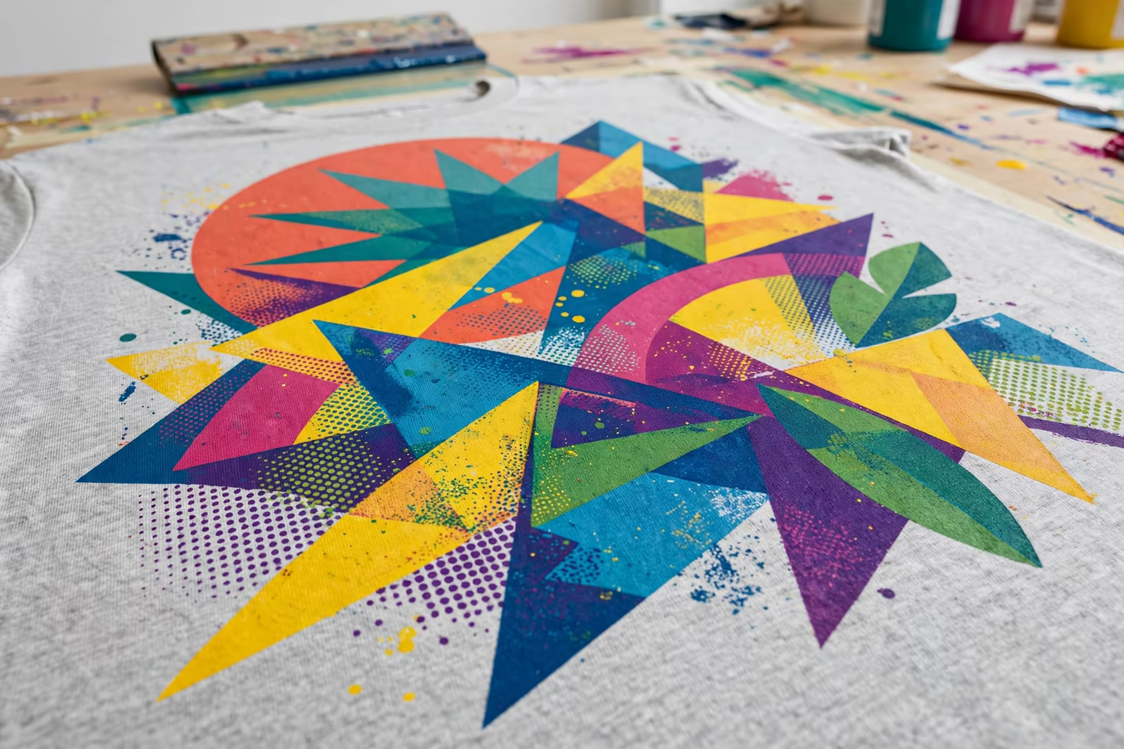 A freshly screen-printed t-shirt with a bold multi-colour geometric print on a printing table, produced by a clothing manufacturer in Bangladesh