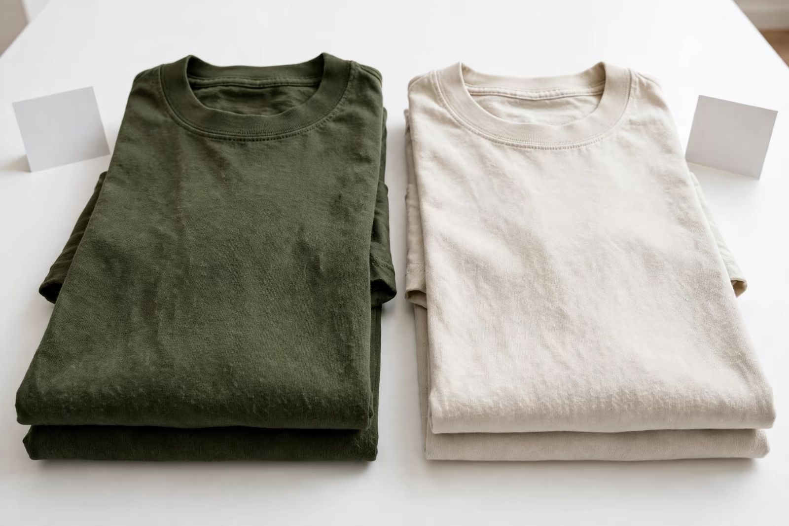 Two folded t-shirts in different cotton weights side by side with blank cards for a quote comparison, produced by a clothing manufacturer in Bangladesh