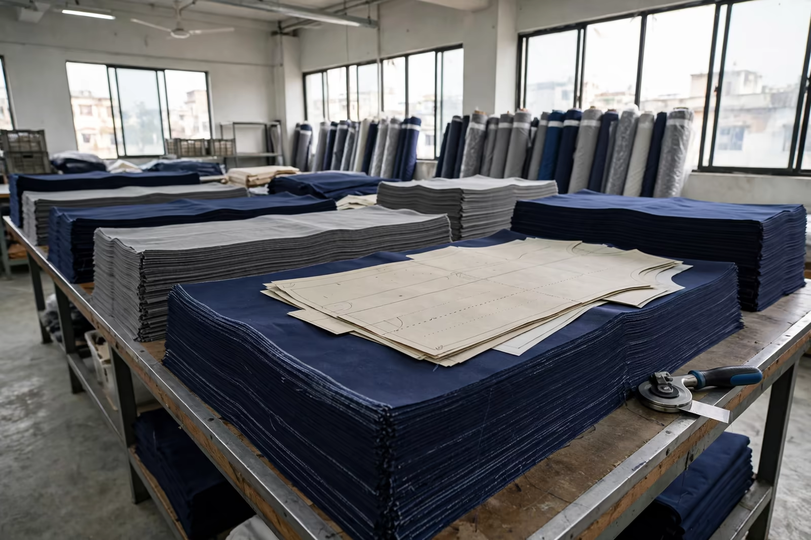 Stacks of cut fabric panels with a paper pattern on a cutting table at a garment manufacturer in Bangladesh