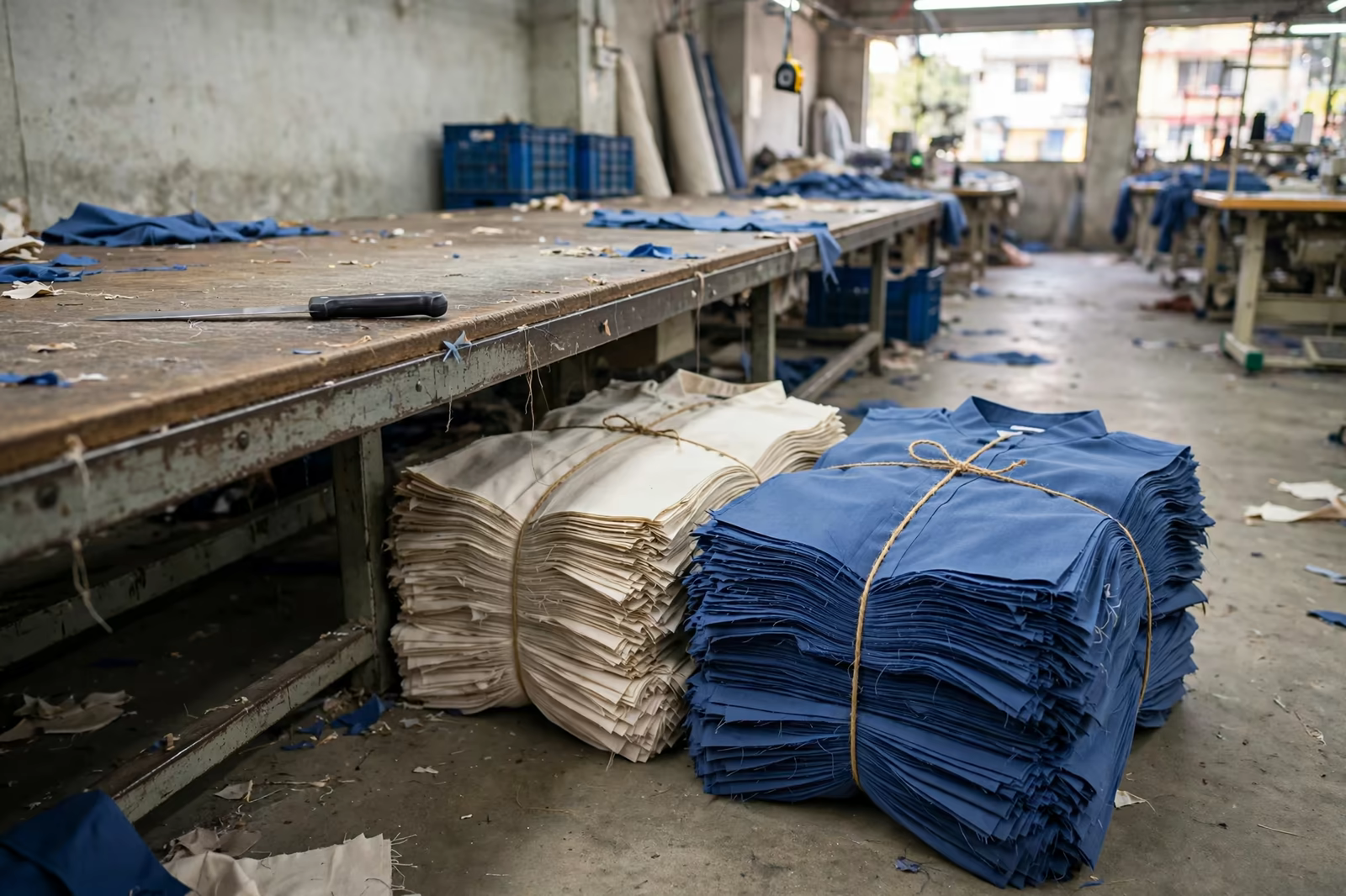 Cut garment panels stacked beside the cutting table awaiting sewing in Bangladesh
