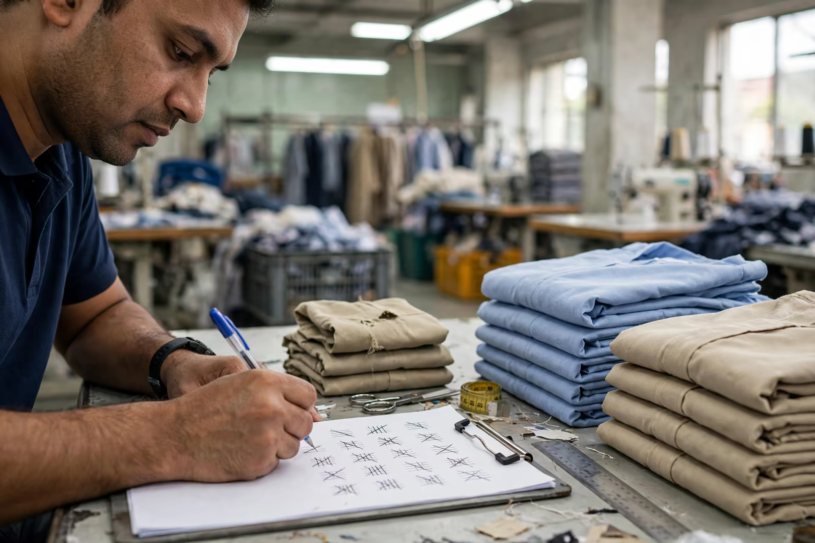 Inspector tallying defects on a clipboard beside sorted garment piles during final inspection