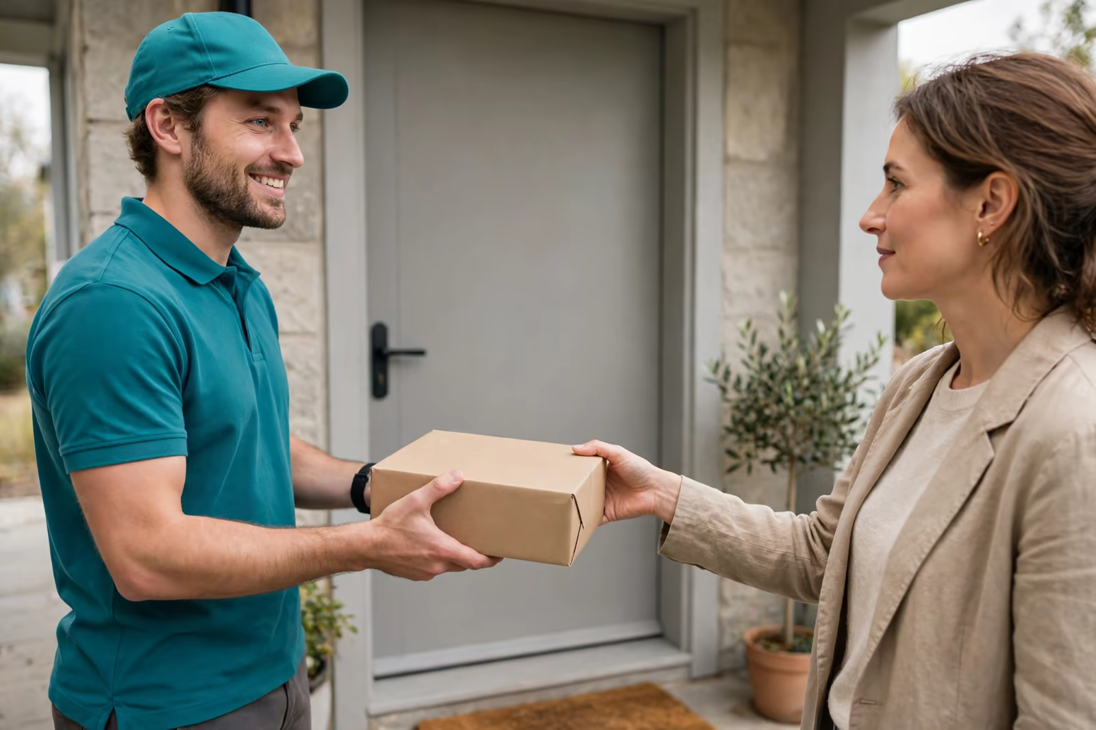 A delivery driver in a teal polo shirt and cap handing a parcel to a customer at a doorstep, produced by a clothing manufacturer in Bangladesh