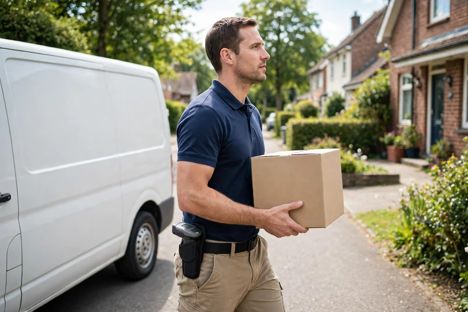 A delivery driver in a navy polo shirt and cargo trousers carrying a parcel beside a van, produced by a clothing manufacturer in Bangladesh