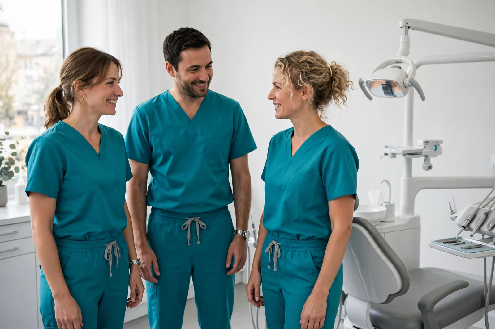 A dental team in teal scrubs-style uniform sets standing in a bright clinic, produced by a clothing manufacturer in Bangladesh