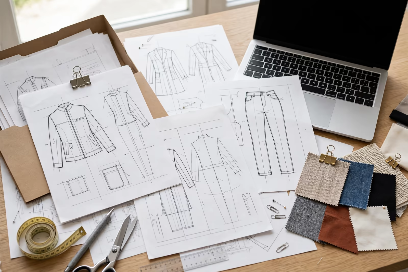 Design documents and sketches protected on a desk in Bangladesh