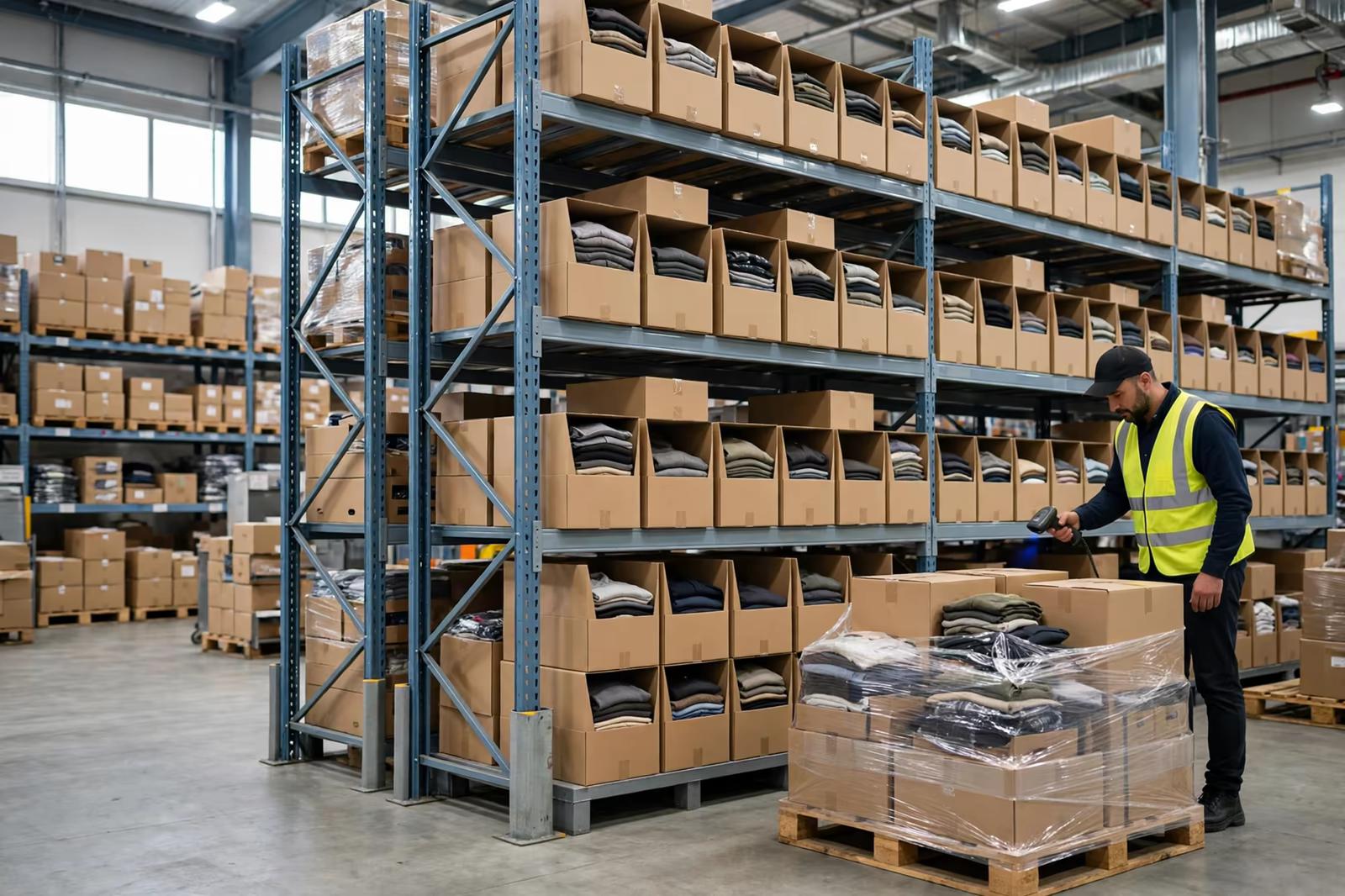 Clothing cartons in a distribution warehouse being scanned for dispatch
