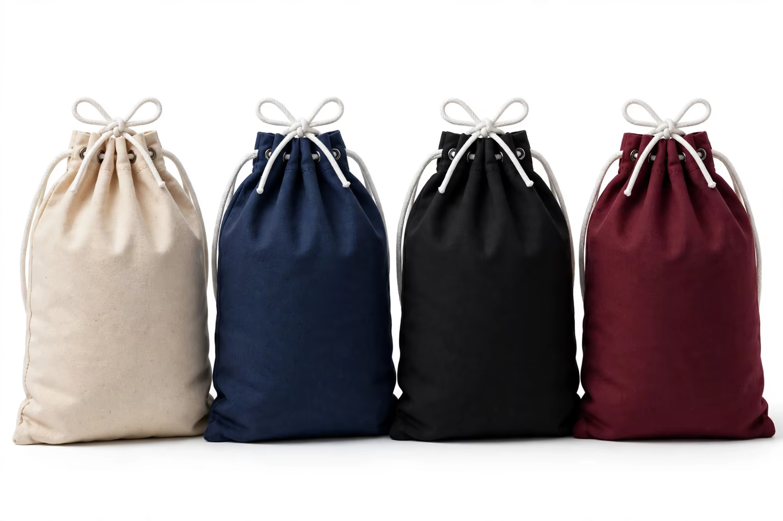 Drawstring bags in four colours with cord closures from a manufacturer in Bangladesh