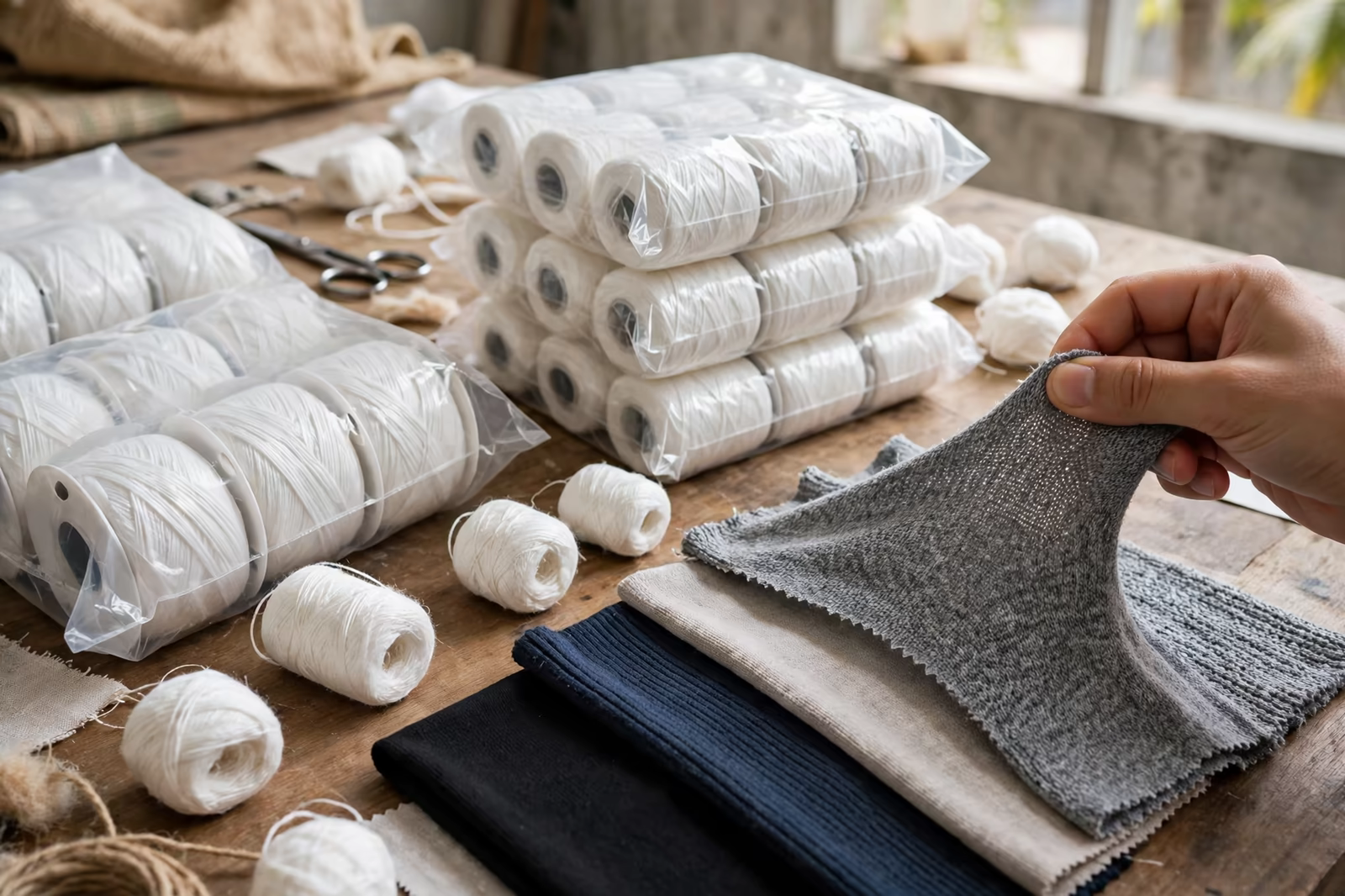 Elastane yarn packages beside stretch fabric swatches