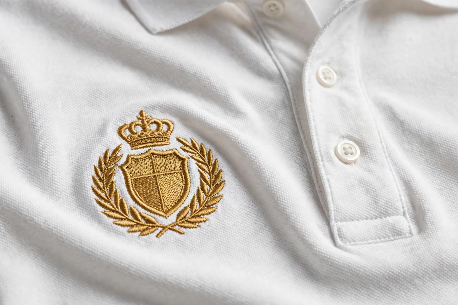 Embroidered gold crest logo on a white polo shirt in Bangladesh