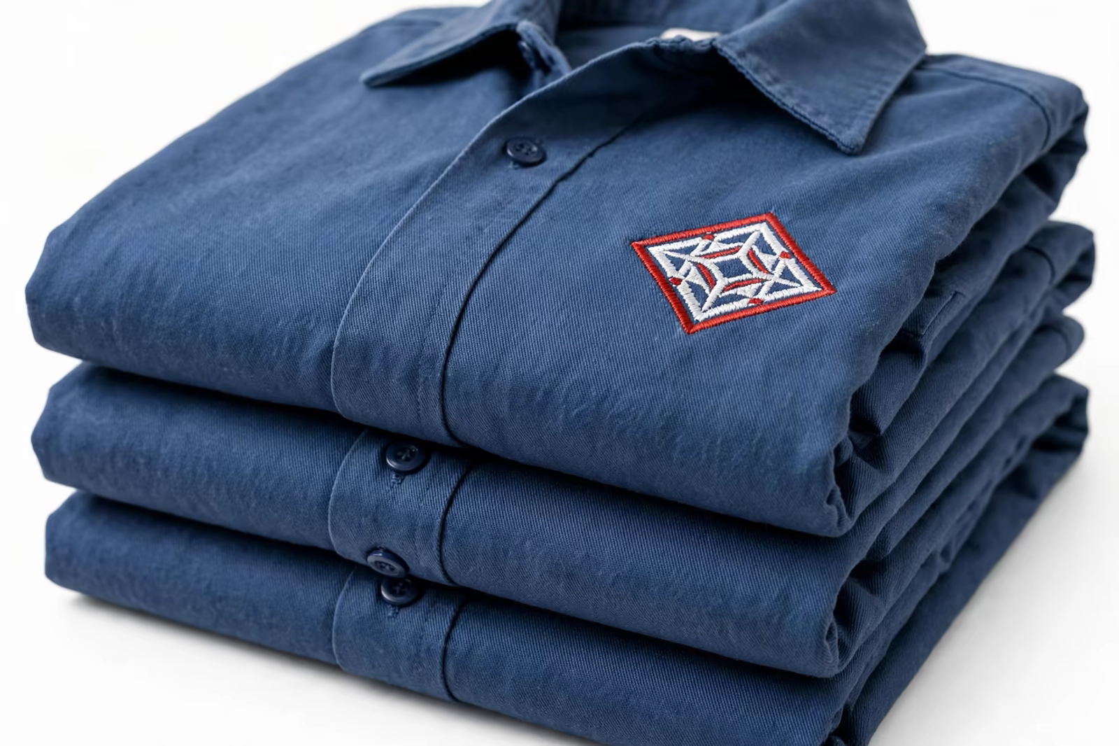 Embroidered logo on folded work shirts in Bangladesh