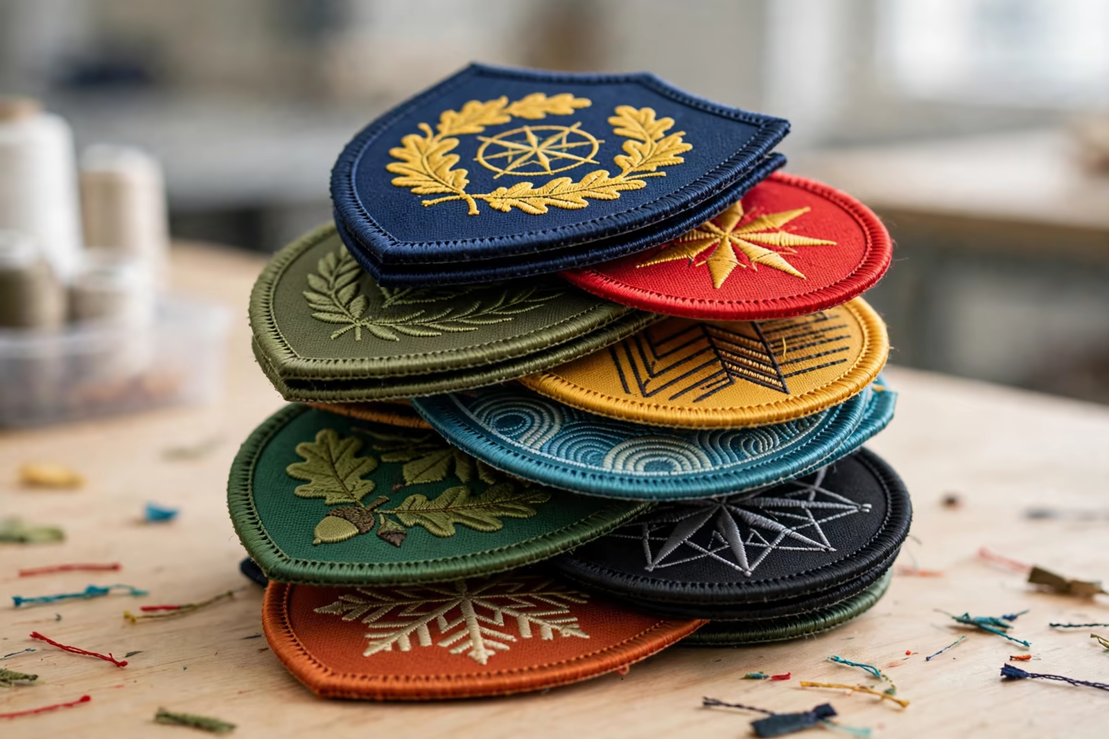 Stack of embroidered patches ready for garments in Bangladesh