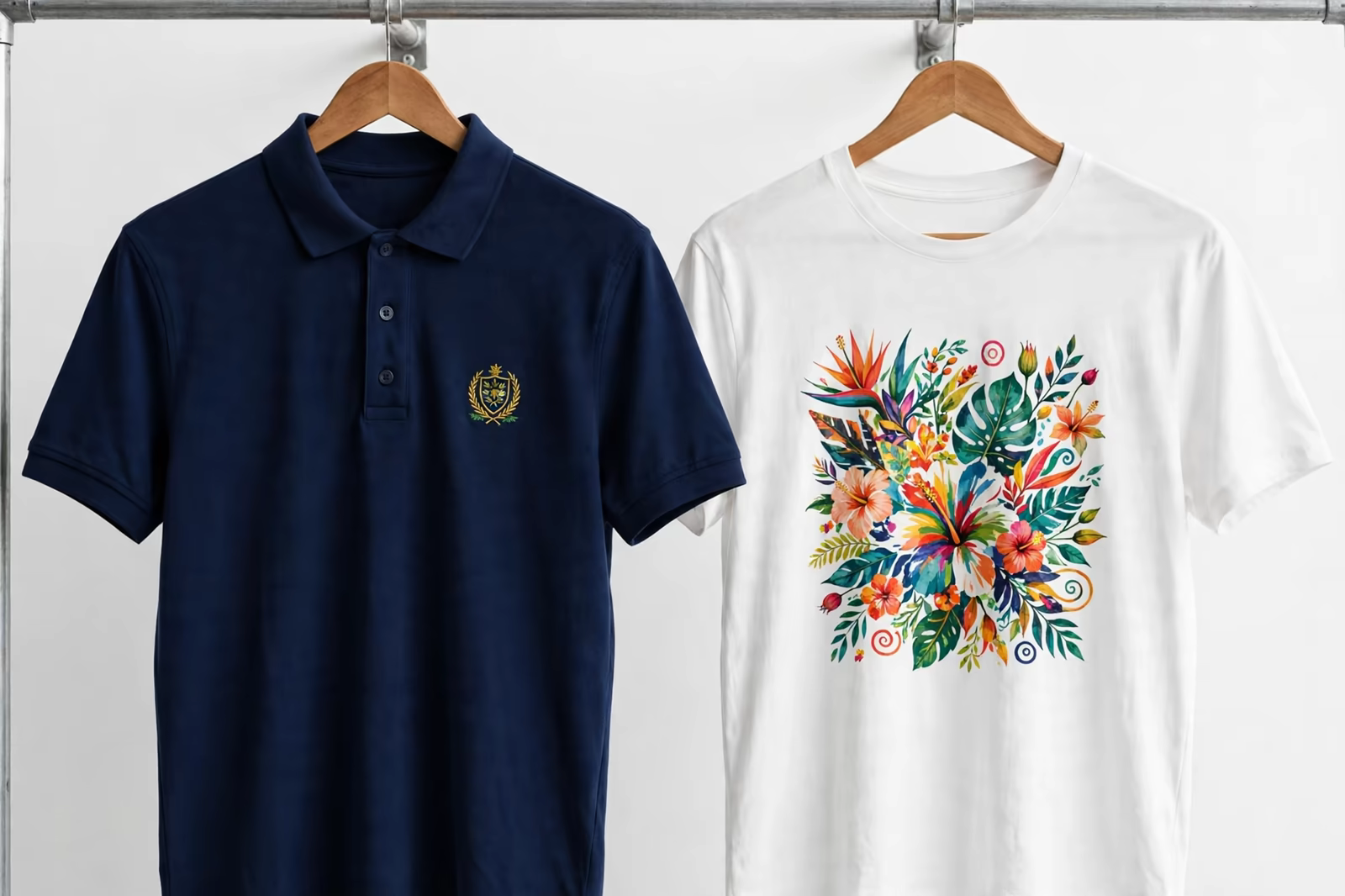 Embroidered polo shirt beside printed t-shirt in Bangladesh