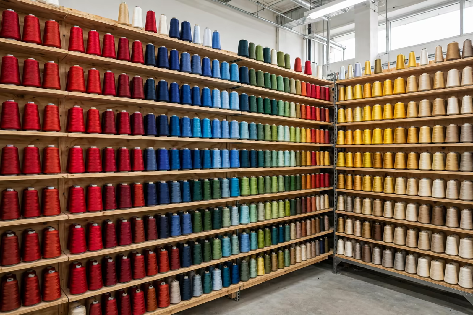 Embroidery thread cones in many colours inside a factory in Bangladesh