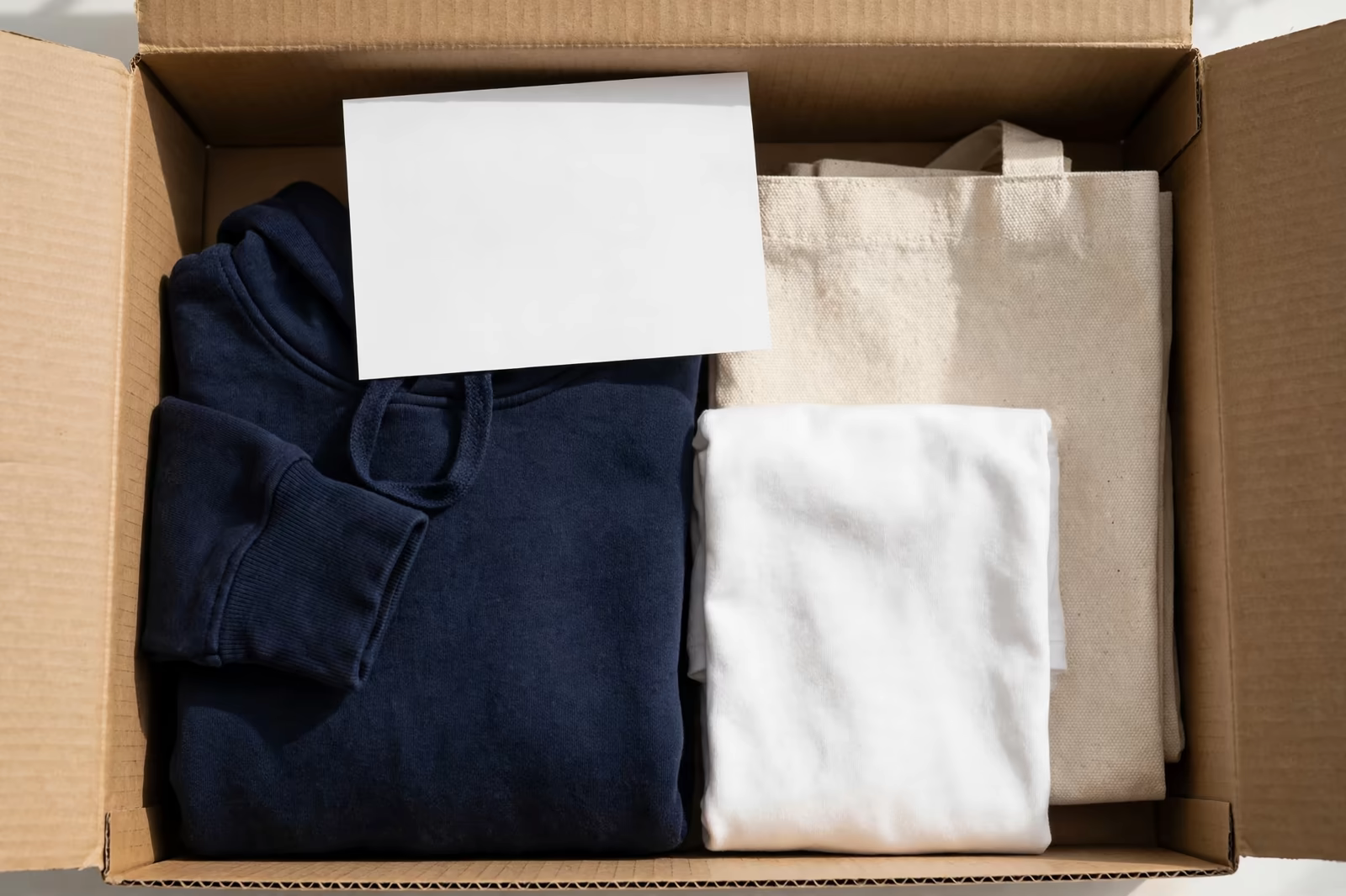 An employee welcome kit box with a folded hoodie, t-shirt, tote bag and blank welcome card, produced by a clothing manufacturer in Bangladesh