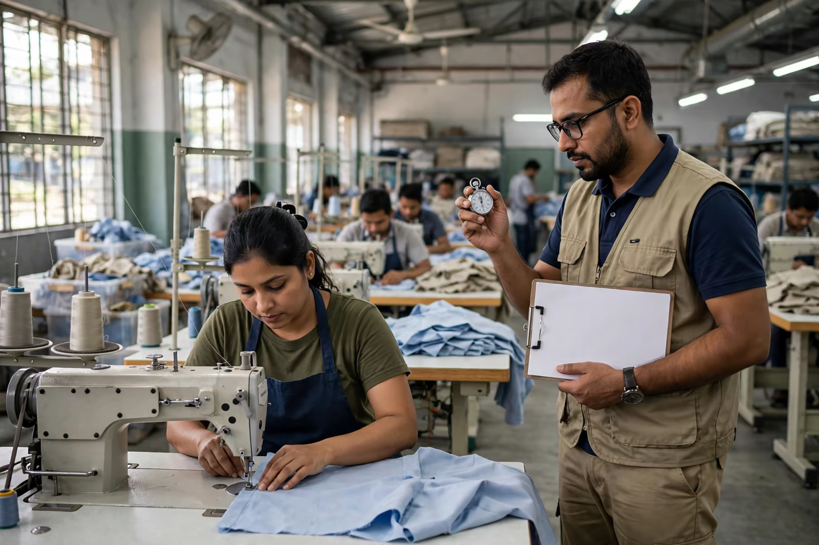 Industrial engineer timing a sewing operation with a stopwatch at a garment factory in Bangladesh