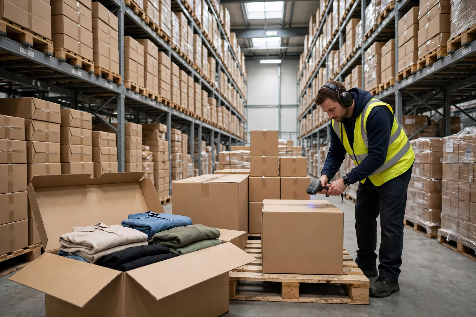 Garment cartons being scanned into a European distribution warehouse