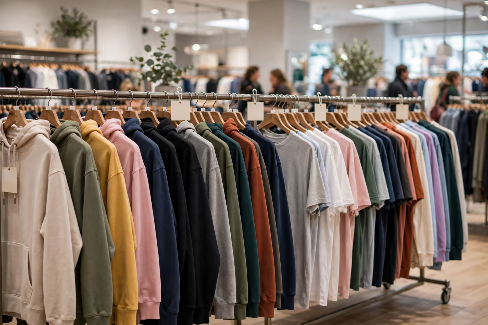Hoodies and t-shirts on a rail inside a European clothing store