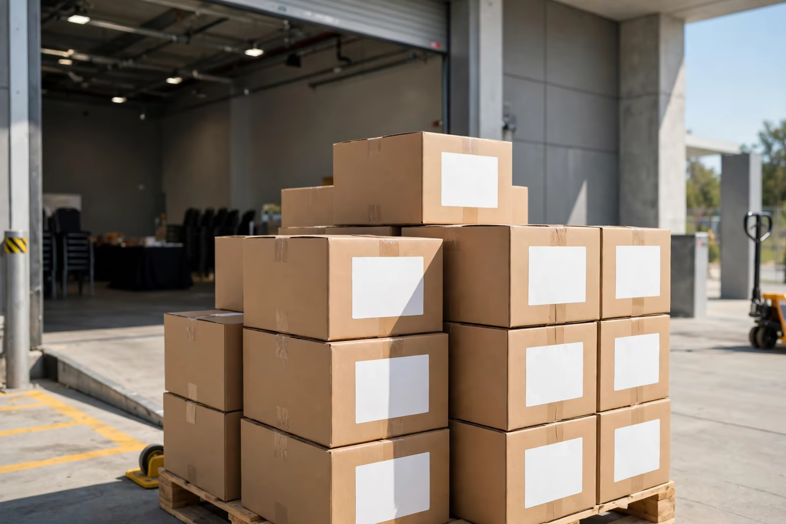 Sealed cartons with blank labels stacked on a pallet at a venue loading dock, produced by a clothing manufacturer in Bangladesh