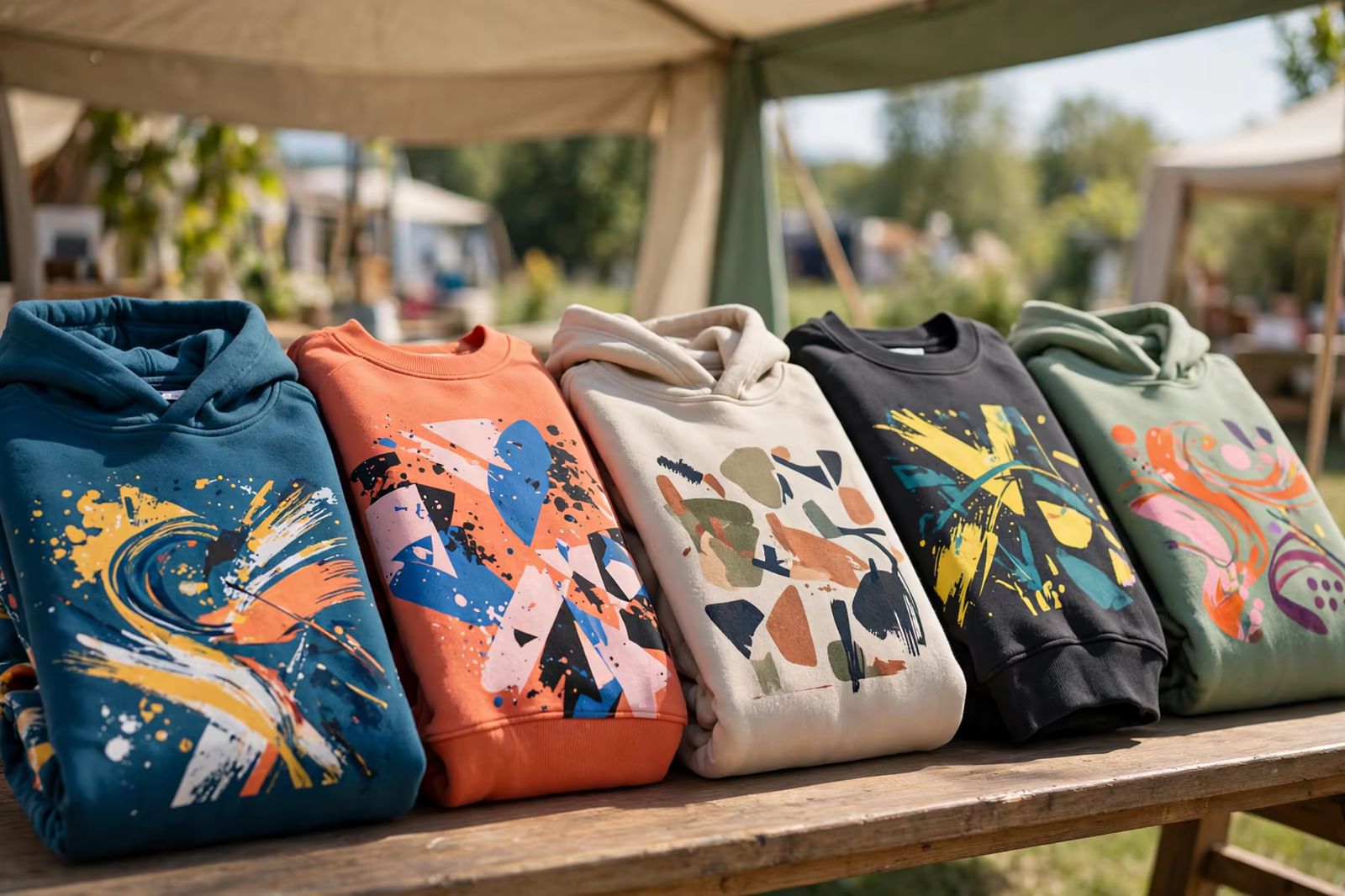 Event merchandise hoodies with abstract graphic prints folded on a display table, produced by a clothing manufacturer in Bangladesh