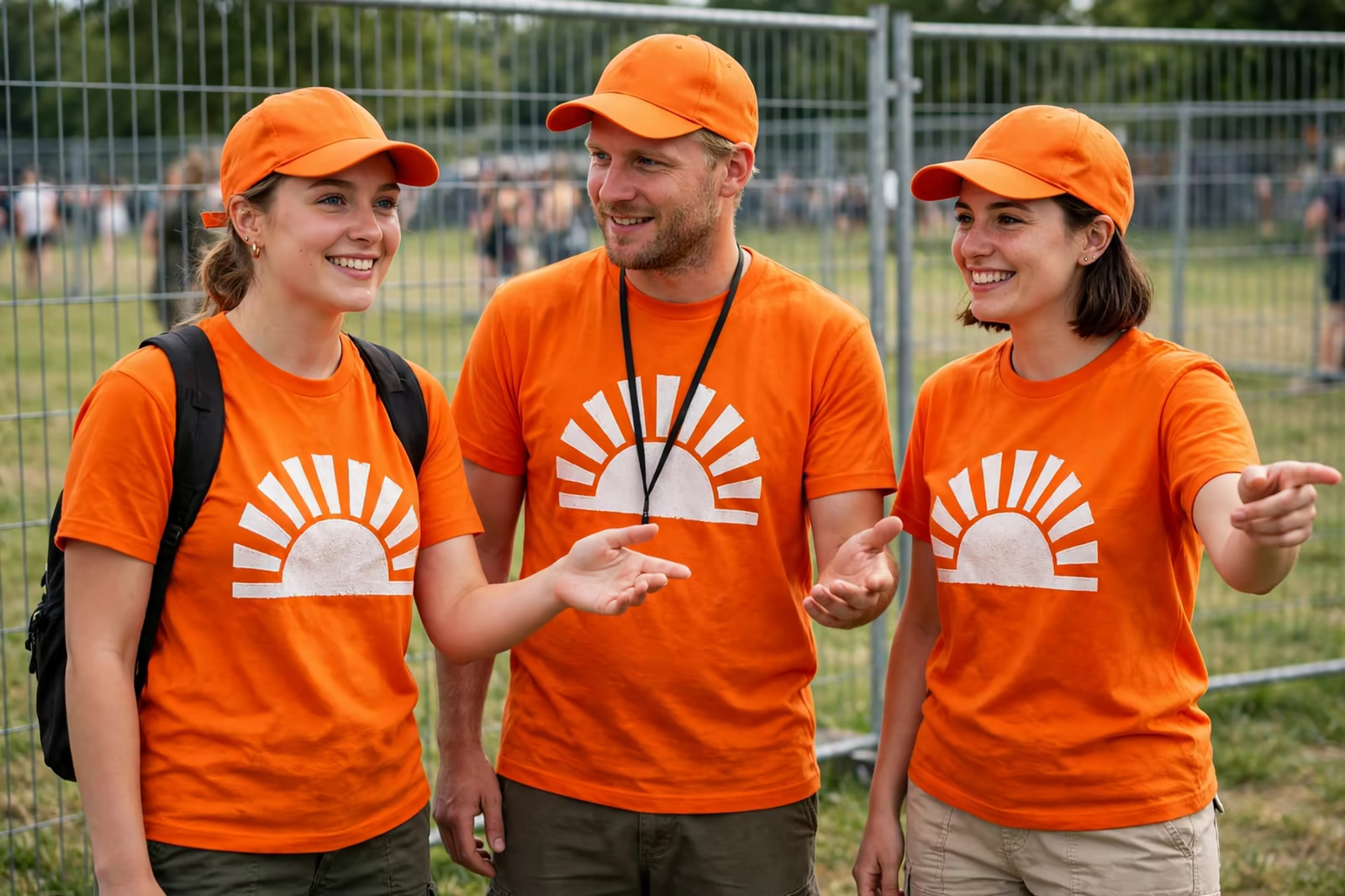 Event staff in orange printed t-shirts and caps directing visitors at a festival entrance, produced by a clothing manufacturer in Bangladesh