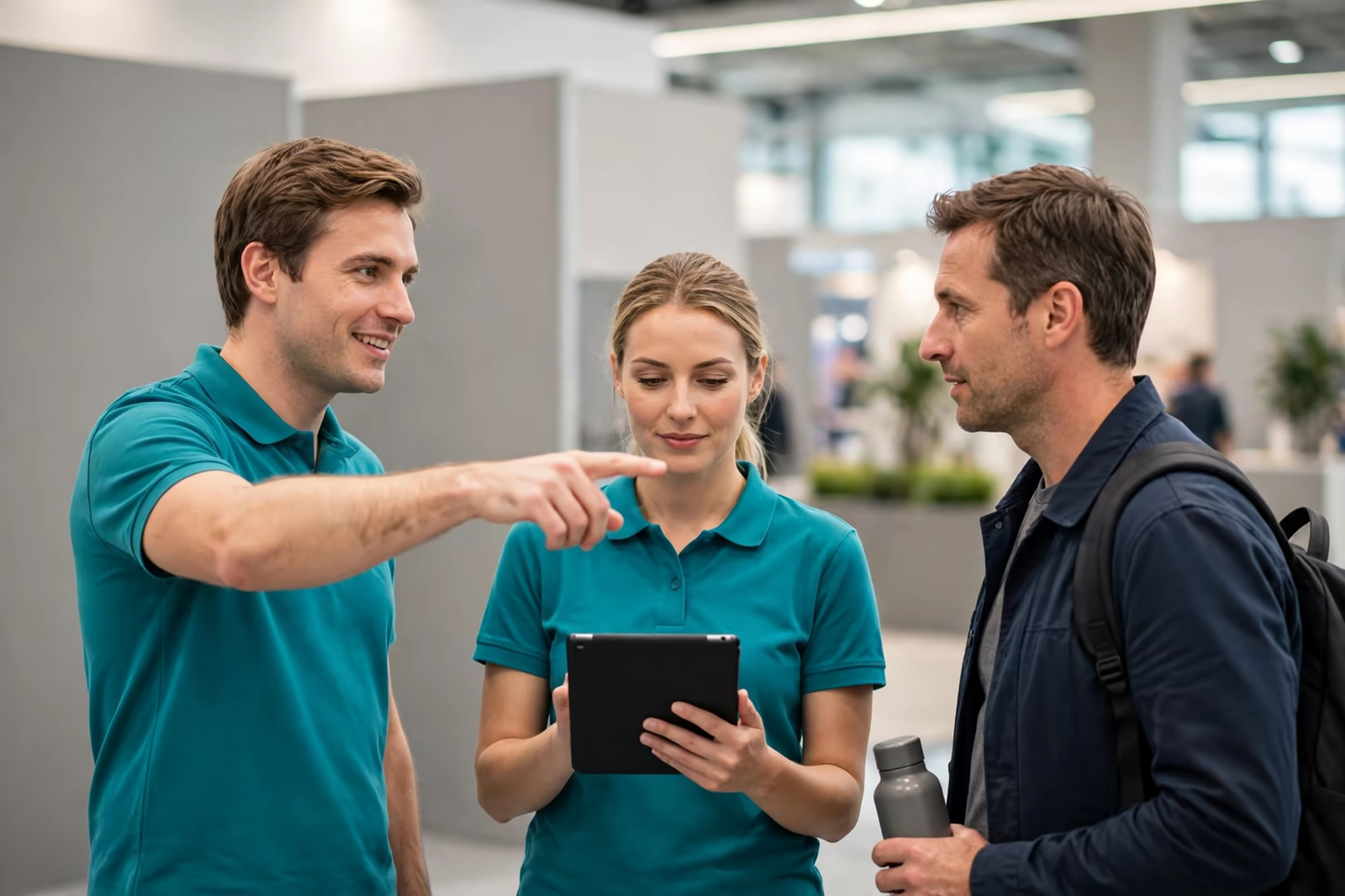 Exhibition staff in teal polo shirts helping a visitor inside a trade hall, produced by a clothing manufacturer in Bangladesh
