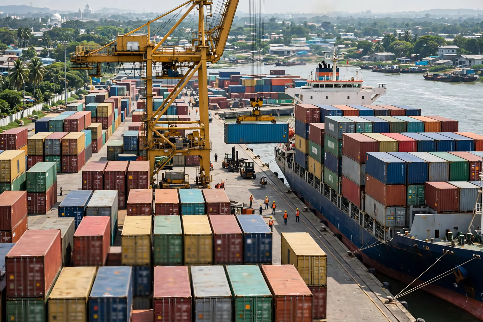 Export containers being loaded for apparel shipments from Bangladesh