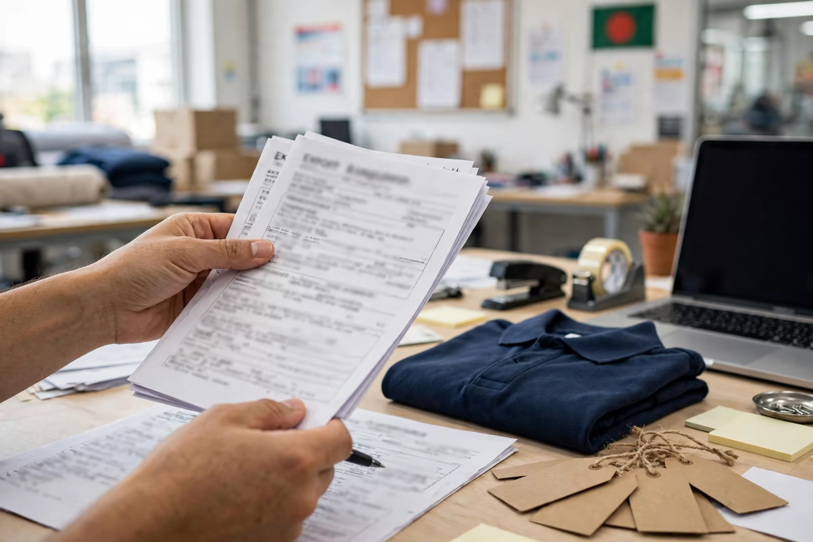Export and origin documents reviewed beside a folded polo shirt
