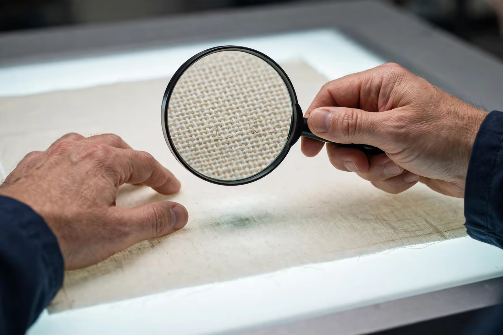 Fabric weave checked under a magnifier in Bangladesh
