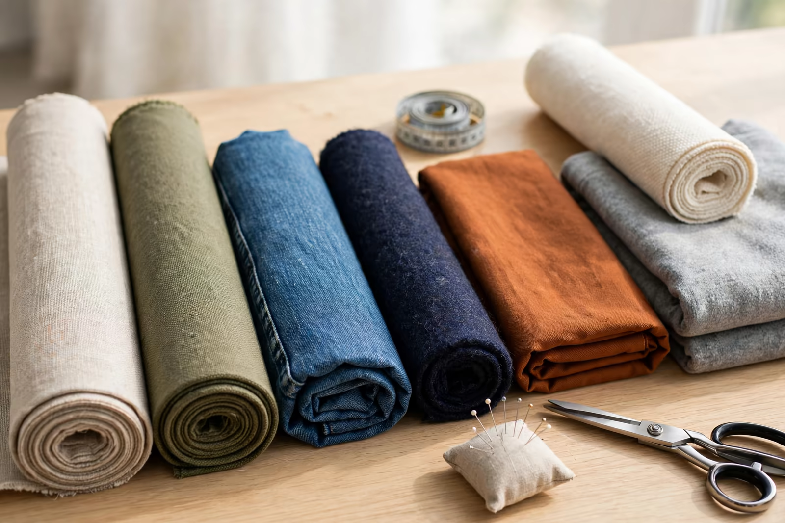 Fabric rolls and folded garments arranged on a desk for a cost comparison discussion, produced by a clothing manufacturer in Bangladesh