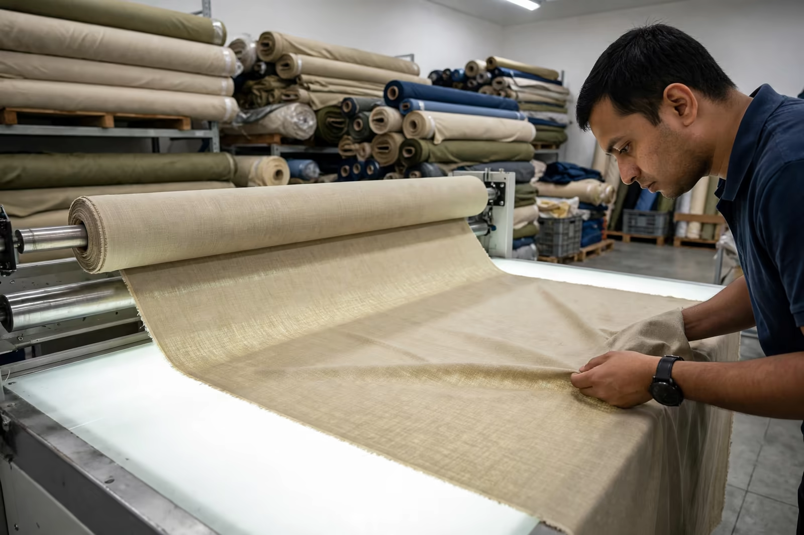 Fabric roll being inspected across a lit inspection frame by a manufacturer in Bangladesh