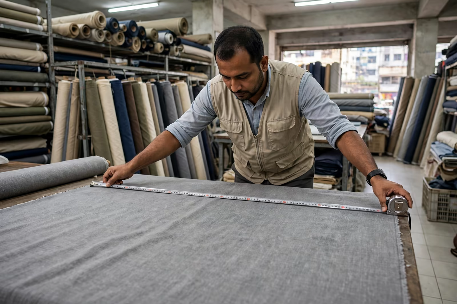 Inspector measuring the usable width of a fabric roll during inspection in Bangladesh