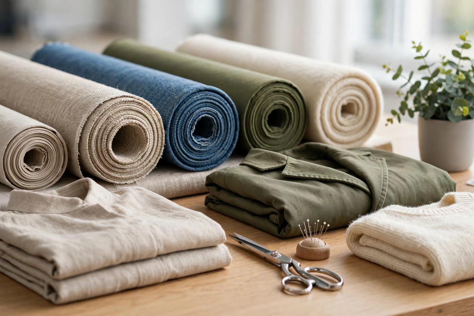 Fabric rolls and folded sample garments on a desk ready for a quotation discussion, produced by a clothing manufacturer in Bangladesh