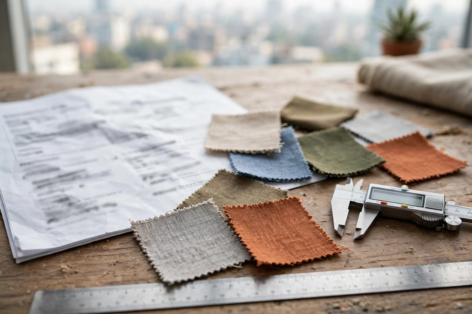 Fabric specification sheet with swatches on a desk