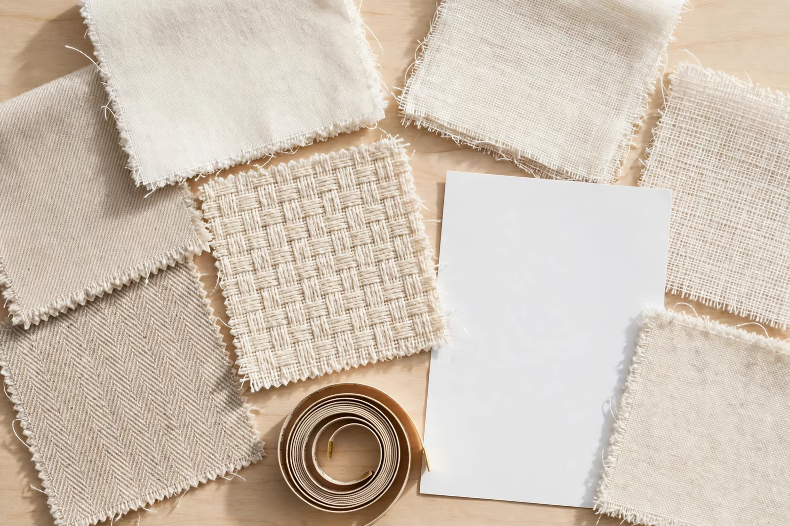 Fabric swatches in several weaves with a blank specification sheet and tape, produced by a clothing manufacturer in Bangladesh