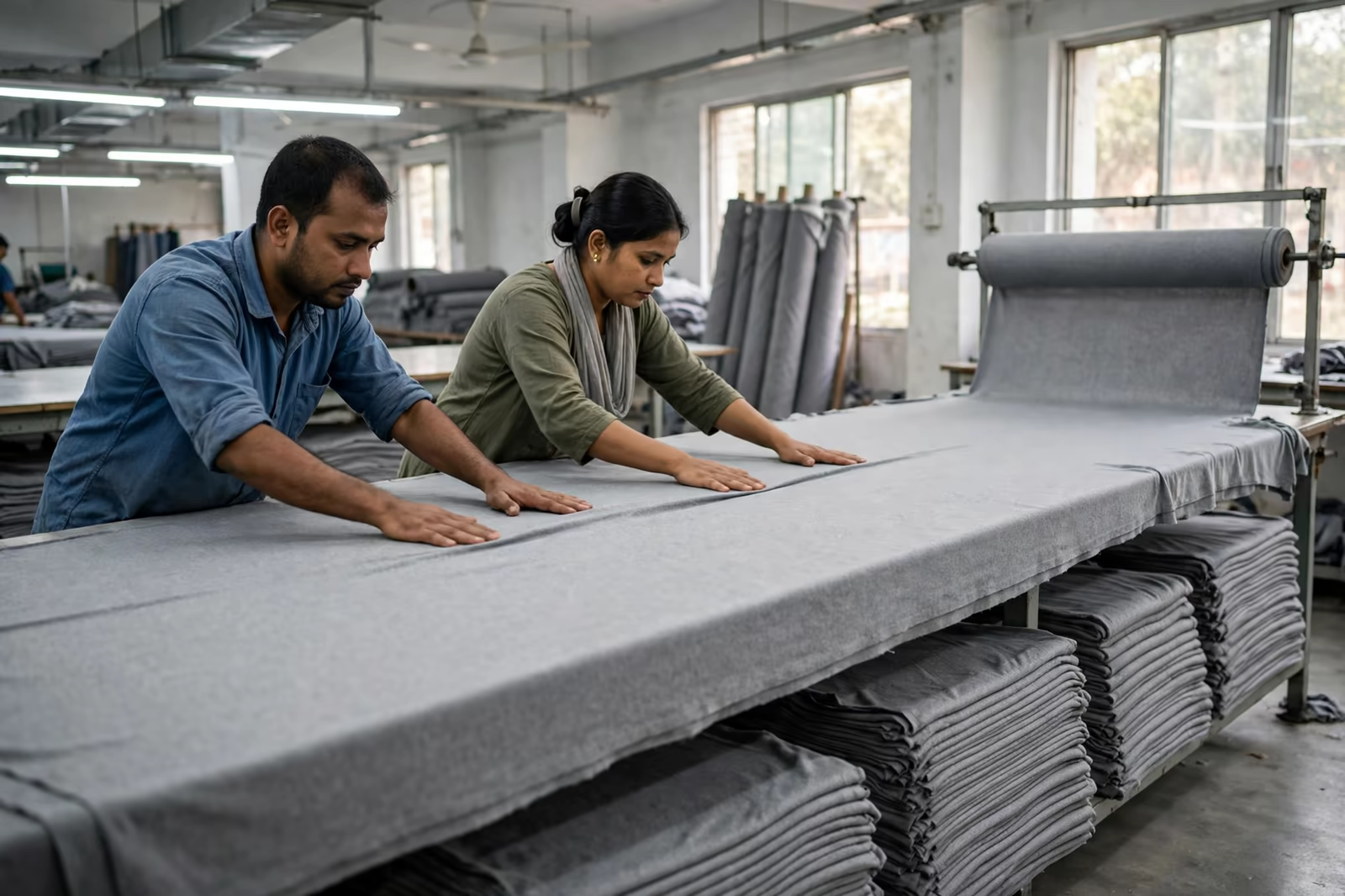Workers spreading fabric in even layers along a long cutting table in Bangladesh