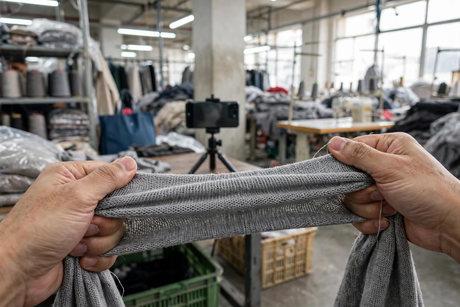 Stretch and recovery of a knit fabric filmed for a video production update in Bangladesh