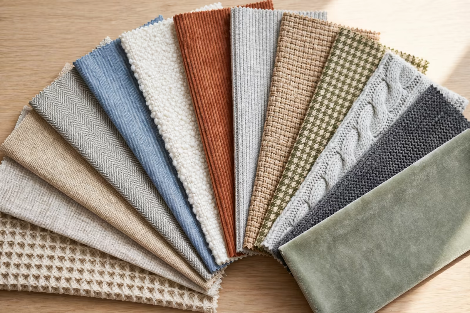 A fan of fabric swatches in different weaves and knits showing their textures clearly, produced by a clothing manufacturer in Bangladesh