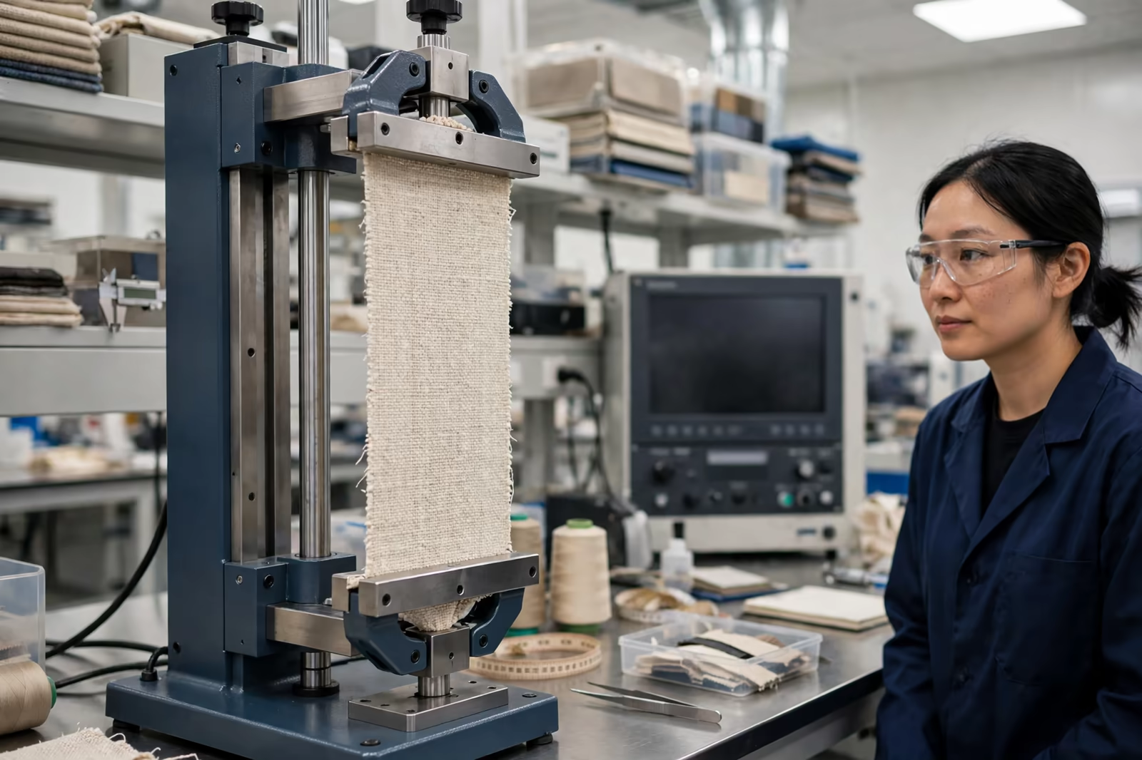 A fabric strip under tensile strength testing
