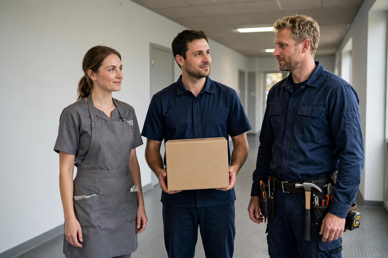 Facility staff in coordinated uniforms, a cleaner, a porter and a maintenance worker, produced by a clothing manufacturer in Bangladesh